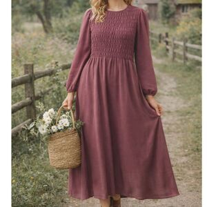 Cotton Bleu Womens Midi Dress 1X Plus Size Mauve Smocked Prairie Cottagecore
